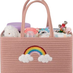 OIAHOMY Large Baby Diaper Caddy Organizer, Portable Basket with Handles, Diaper Storage for Changing Table and Car, Rainbow-Rose Gold