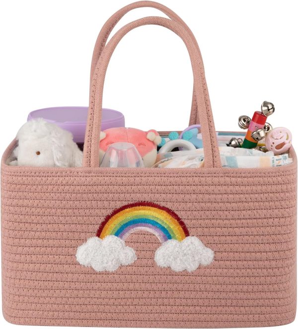 OIAHOMY Large Baby Diaper Caddy Organizer, Portable Basket with Handles, Diaper Storage for Changing Table and Car, Rainbow-Rose Gold