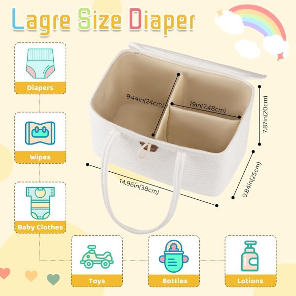 OIAHOMY Large Diaper Caddy Organizer for Baby, Portable Baby Basket with Handles, Gift Basket for Newborn, Diaper storage Organizer for Changing Table and Car- White - Image 2