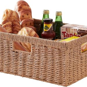 OIAHOMY Wicker Basket, Paper Shelf Basket with Built-in Handles, Rectangular Wicker Storage Bin for Pantry, Shelves, 1 Pack-Yellow
