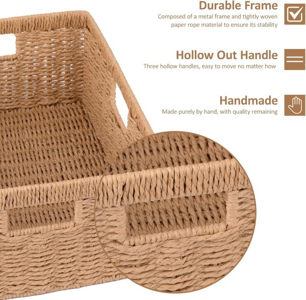 OIAHOMY Wicker Basket, Paper Shelf Basket with Built-in Handles, Rectangular Wicker Storage Bin for Pantry, Shelves, 1 Pack-Yellow - Image 2