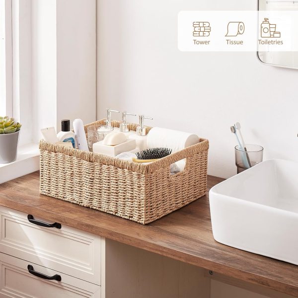 OIAHOMY Wicker Basket, Paper Shelf Basket with Built-in Handles, Rectangular Wicker Storage Bin for Pantry, Shelves, 1 Pack-Yellow - Image 6