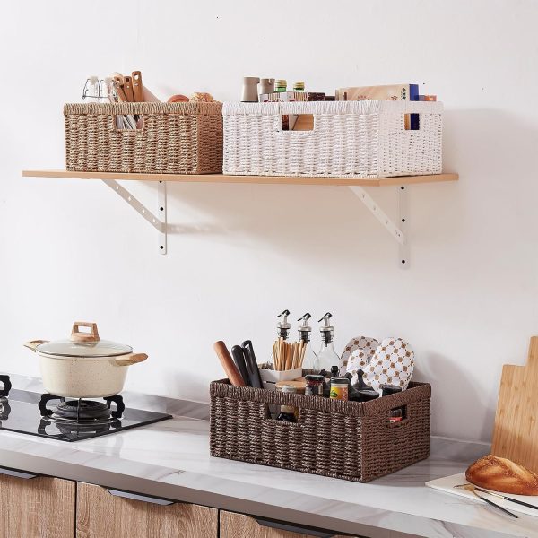 OIAHOMY Wicker Basket, Paper Shelf Basket with Built-in Handles, Rectangular Wicker Storage Bin for Pantry, Shelves, 1 Pack-Yellow - Image 8