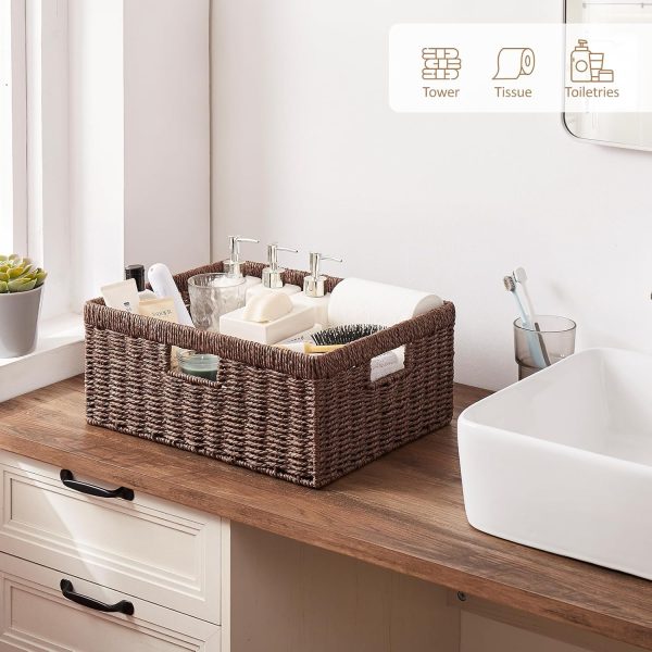 OIAHOMY Wicker Basket, Paper Shelf Basket with Built-in Handles, Rectangular Wicker Storage Bin for Pantry, Shelves, 1 Pack-Yellow - Image 14