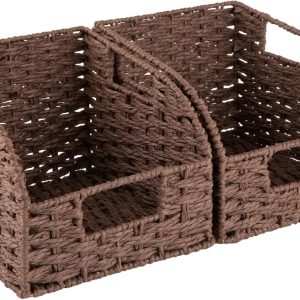 OIAHOMY Pantry Baskets for Organizing, Paper Rope Baskets with Built-in Handles, Wicker Storage Bins for Shelves, 2 Pack-Brown