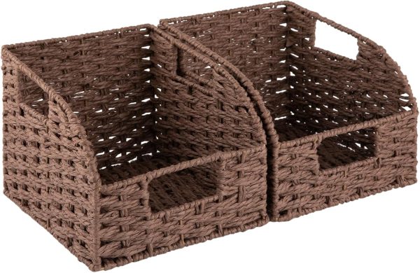 OIAHOMY Pantry Baskets for Organizing, Paper Rope Baskets with Built-in Handles, Wicker Storage Bins for Shelves, 2 Pack-Brown