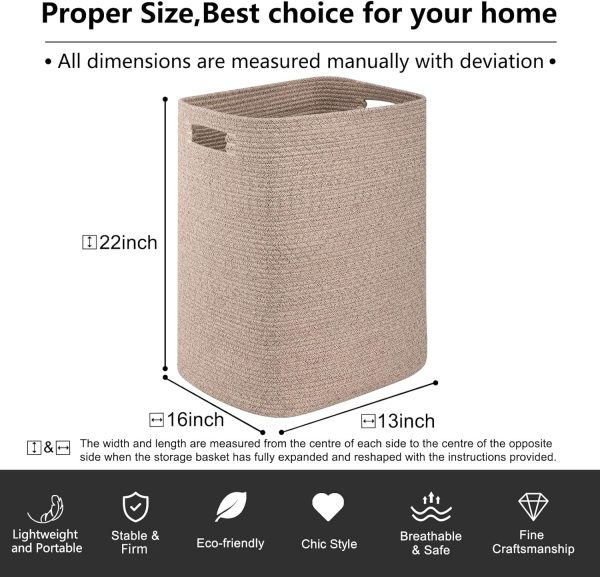 OIAHOMY Laundry Hamper, Rectangle Cotton Laundry Basket with Handles, Large Blanket Basket for Living room, Woven Decorative Storage for Toys,Clothes,Pillows-16x13x22in-Brown variegated - Image 3