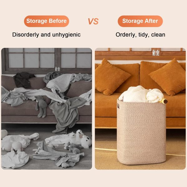 OIAHOMY Laundry Hamper, Rectangle Cotton Laundry Basket with Handles, Large Blanket Basket for Living room, Woven Decorative Storage for Toys,Clothes,Pillows-16x13x22in-Brown variegated - Image 6