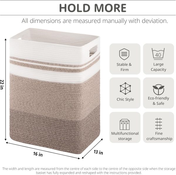 OIAHOMY Laundry Hamper, Rectangle Cotton Laundry Basket with Handles, Large Blanket Basket for Living room, Woven Decorative Storage for Toys,Clothes,Pillows-16x13x22in-Brown variegated - Image 26