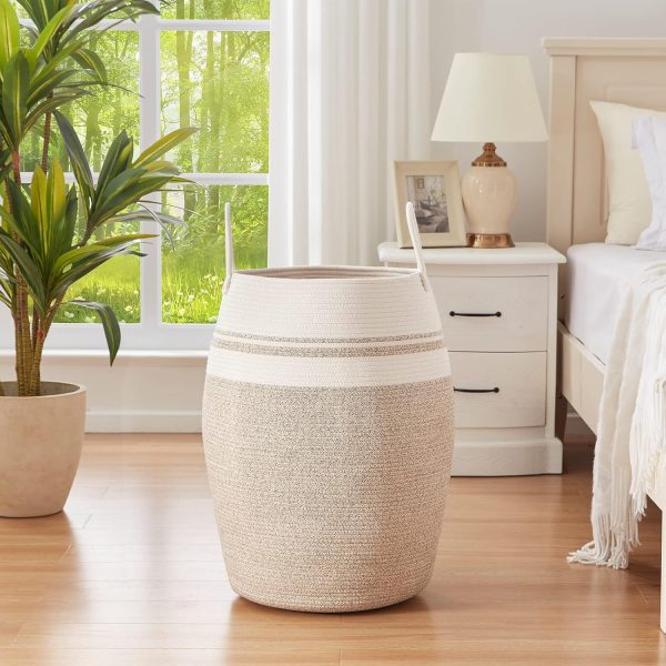 OIAHOMY Laundry Hamper Woven Cotton Rope Large Clothes Hamper 25.6" Height Tall Laundry Basket with Extended Cotton Handles for Storage Clothes Toys in Bedroom, Bathroom, Foldable (Yellow variegated) - Image 2