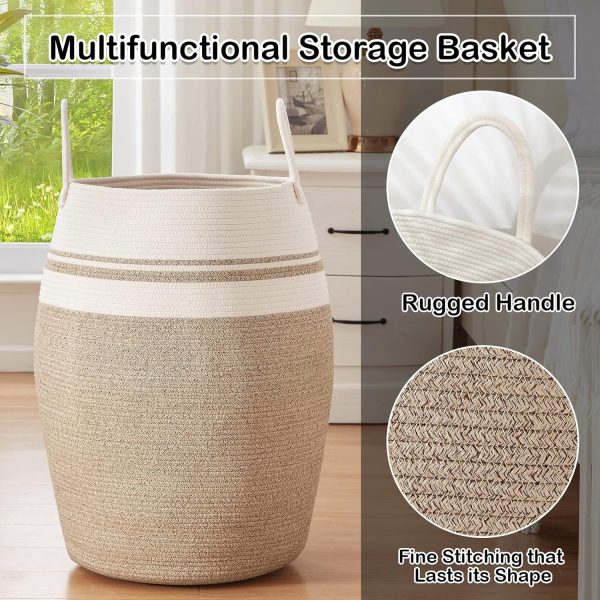 OIAHOMY Laundry Hamper Woven Cotton Rope Large Clothes Hamper 25.6" Height Tall Laundry Basket with Extended Cotton Handles for Storage Clothes Toys in Bedroom, Bathroom, Foldable (Yellow variegated) - Image 5