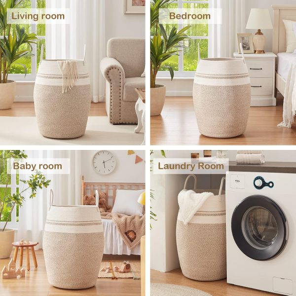 OIAHOMY Laundry Hamper Woven Cotton Rope Large Clothes Hamper 25.6" Height Tall Laundry Basket with Extended Cotton Handles for Storage Clothes Toys in Bedroom, Bathroom, Foldable (Yellow variegated) - Image 8