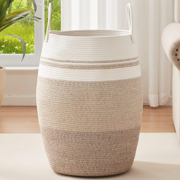 OIAHOMY Laundry Hamper Woven Cotton Rope Large Clothes Hamper 25.6" Height Tall Laundry Basket with Extended Cotton Handles for Storage Clothes Toys in Bedroom, Bathroom, Foldable (Yellow variegated) - Image 9