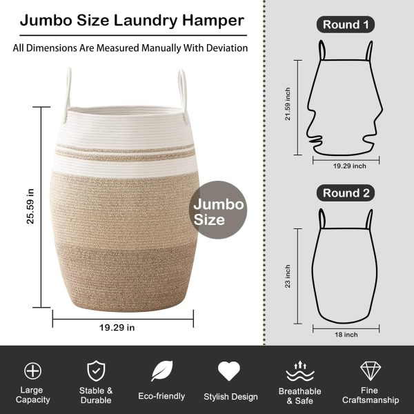 OIAHOMY Laundry Hamper Woven Cotton Rope Large Clothes Hamper 25.6" Height Tall Laundry Basket with Extended Cotton Handles for Storage Clothes Toys in Bedroom, Bathroom, Foldable (Yellow variegated) - Image 12