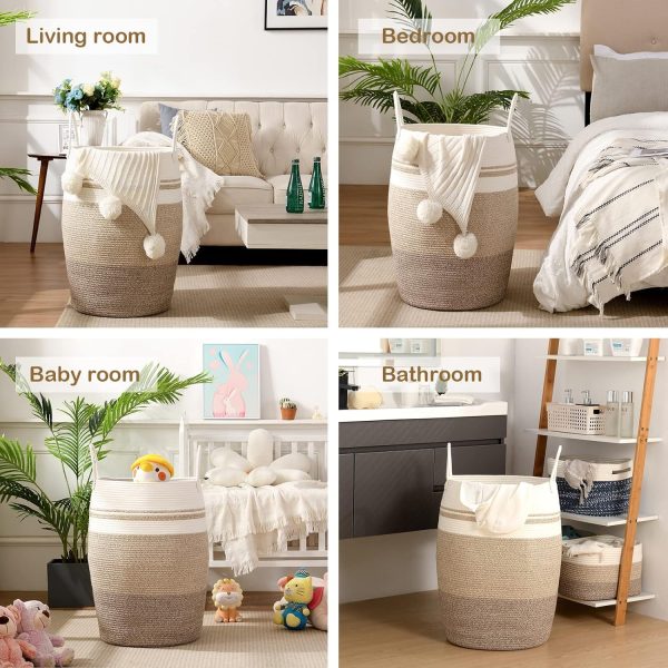 OIAHOMY Laundry Hamper Woven Cotton Rope Large Clothes Hamper 25.6" Height Tall Laundry Basket with Extended Cotton Handles for Storage Clothes Toys in Bedroom, Bathroom, Foldable (Yellow variegated) - Image 15