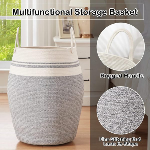 OIAHOMY Laundry Hamper Woven Cotton Rope Large Clothes Hamper 25.6" Height Tall Laundry Basket with Extended Cotton Handles for Storage Clothes Toys in Bedroom, Bathroom, Foldable (Yellow variegated) - Image 19