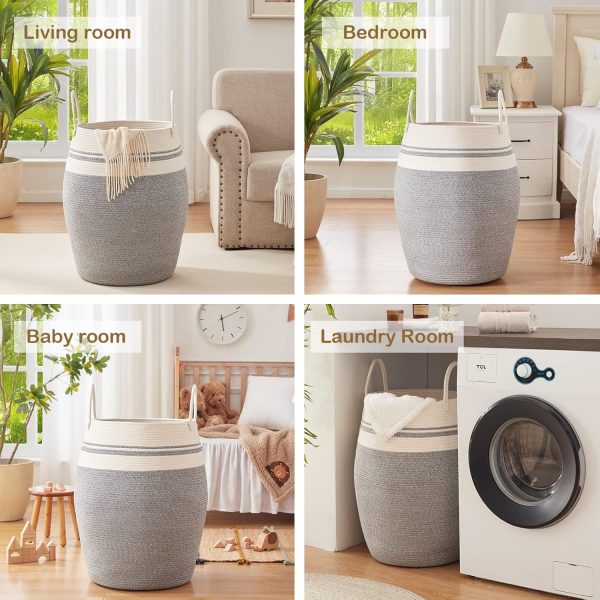OIAHOMY Laundry Hamper Woven Cotton Rope Large Clothes Hamper 25.6" Height Tall Laundry Basket with Extended Cotton Handles for Storage Clothes Toys in Bedroom, Bathroom, Foldable (Yellow variegated) - Image 22