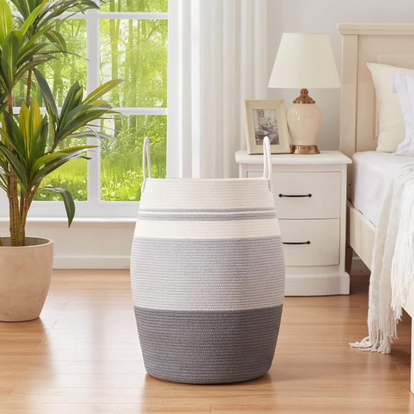 OIAHOMY Laundry Hamper Woven Cotton Rope Large Clothes Hamper 25.6" Height Tall Laundry Basket with Extended Cotton Handles for Storage Clothes Toys in Bedroom, Bathroom, Foldable (Yellow variegated) - Image 24