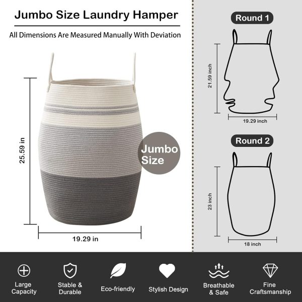 OIAHOMY Laundry Hamper Woven Cotton Rope Large Clothes Hamper 25.6" Height Tall Laundry Basket with Extended Cotton Handles for Storage Clothes Toys in Bedroom, Bathroom, Foldable (Yellow variegated) - Image 26