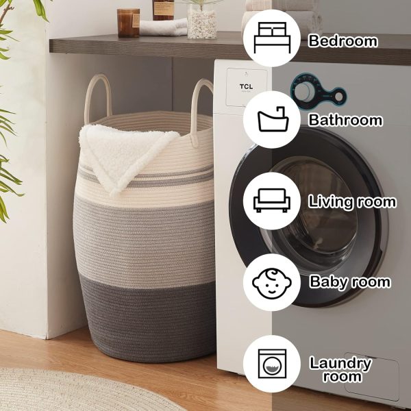 OIAHOMY Laundry Hamper Woven Cotton Rope Large Clothes Hamper 25.6" Height Tall Laundry Basket with Extended Cotton Handles for Storage Clothes Toys in Bedroom, Bathroom, Foldable (Yellow variegated) - Image 27