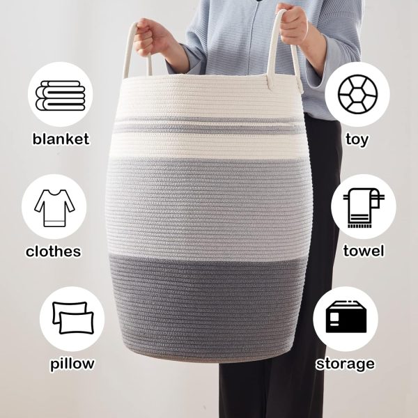 OIAHOMY Laundry Hamper Woven Cotton Rope Large Clothes Hamper 25.6" Height Tall Laundry Basket with Extended Cotton Handles for Storage Clothes Toys in Bedroom, Bathroom, Foldable (Yellow variegated) - Image 28