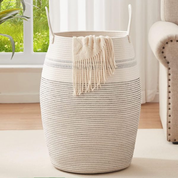 OIAHOMY Laundry Hamper Woven Cotton Rope Large Clothes Hamper 25.6" Height Tall Laundry Basket with Extended Cotton Handles for Storage Clothes Toys in Bedroom, Bathroom, Foldable (Yellow variegated) - Image 30