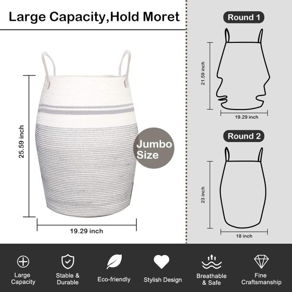 OIAHOMY Laundry Hamper Woven Cotton Rope Large Clothes Hamper 25.6" Height Tall Laundry Basket with Extended Cotton Handles for Storage Clothes Toys in Bedroom, Bathroom, Foldable (Yellow variegated) - Image 32