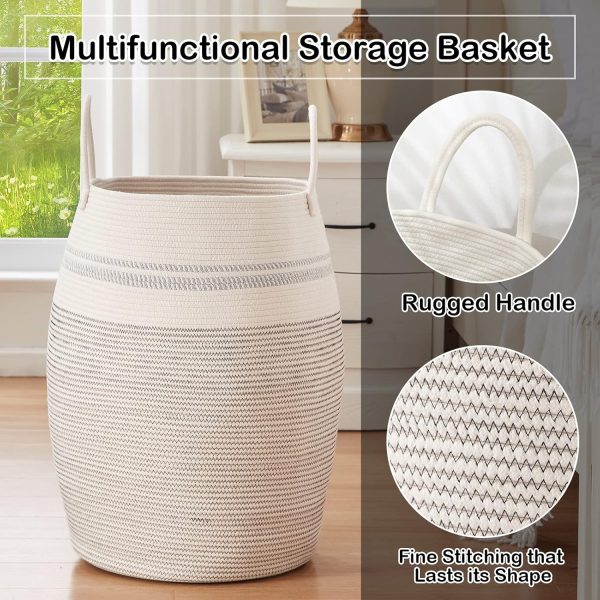 OIAHOMY Laundry Hamper Woven Cotton Rope Large Clothes Hamper 25.6" Height Tall Laundry Basket with Extended Cotton Handles for Storage Clothes Toys in Bedroom, Bathroom, Foldable (Yellow variegated) - Image 33