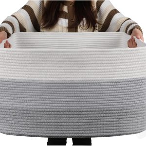 OIAHOMY Large Blanket Basket, 22”x17”x12” Rectangle Woven Baskets, Nursery Blanket Storage Living Room, Toy Storage With Handle, Large Baskets for Organizing-Gradient Grey