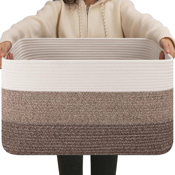 OIAHOMY Large Blanket Basket, 22”x17”x12” Rectangle Woven Baskets, Nursery Blanket Storage Living Room, Toy Storage With Handle, Large Baskets for Organizing-Gradient Grey - Image 46