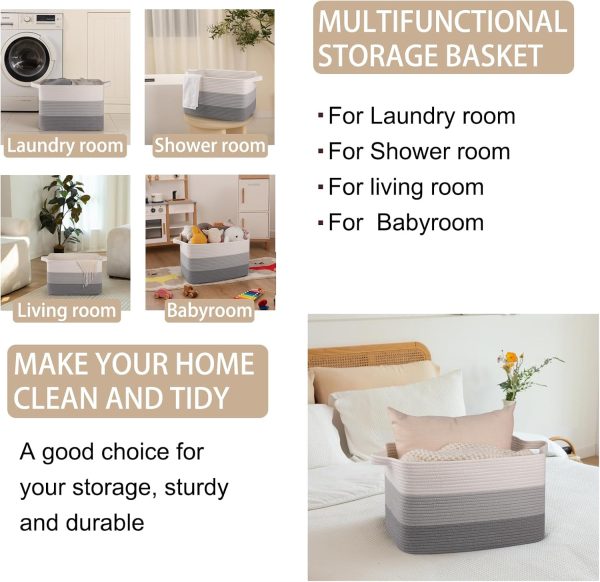 OIAHOMY Large Blanket Basket, 22”x17”x12” Rectangle Woven Baskets, Nursery Blanket Storage Living Room, Toy Storage With Handle, Large Baskets for Organizing-Gradient Grey - Image 56