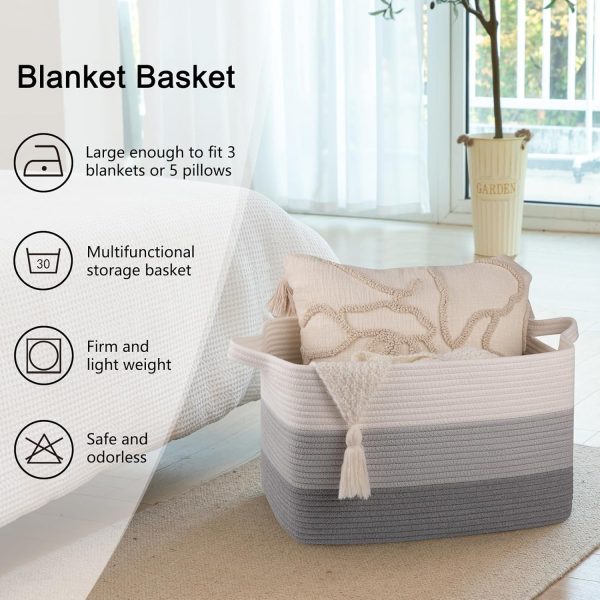 OIAHOMY Large Blanket Basket, 22”x17”x12” Rectangle Woven Baskets, Nursery Blanket Storage Living Room, Toy Storage With Handle, Large Baskets for Organizing-Gradient Grey - Image 58
