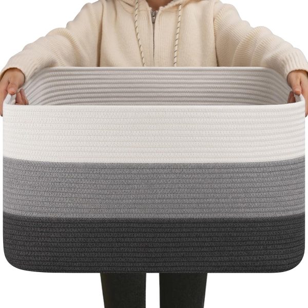 OIAHOMY Large Blanket Basket, 22”x17”x12” Rectangle Woven Baskets, Nursery Blanket Storage Living Room, Toy Storage With Handle, Large Baskets for Organizing-Gradient Grey - Image 65