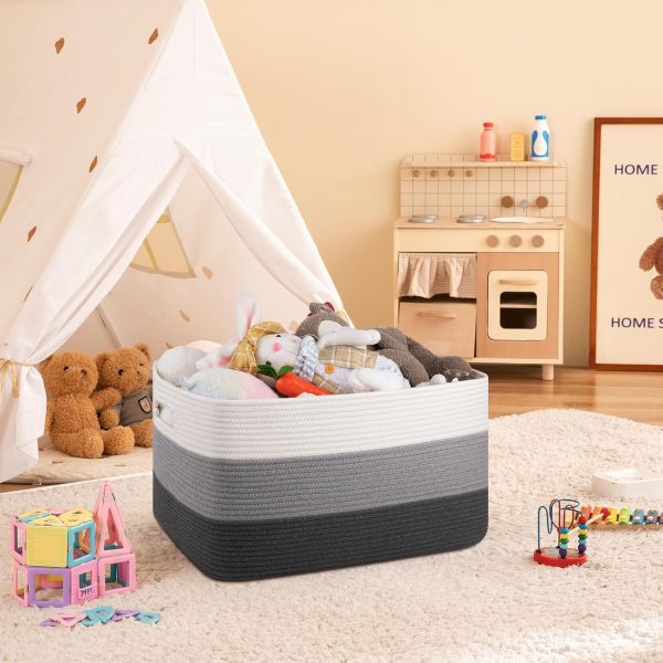 OIAHOMY Large Blanket Basket, 22”x17”x12” Rectangle Woven Baskets, Nursery Blanket Storage Living Room, Toy Storage With Handle, Large Baskets for Organizing-Gradient Grey - Image 66