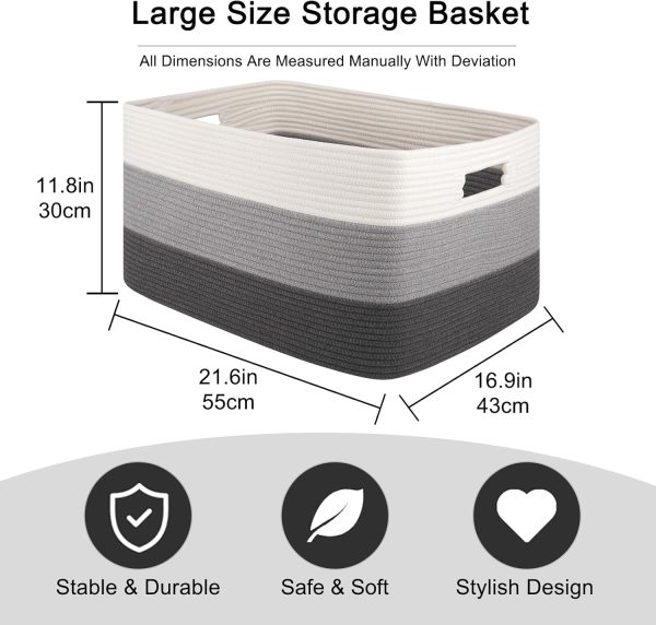 OIAHOMY Large Blanket Basket, 22”x17”x12” Rectangle Woven Baskets, Nursery Blanket Storage Living Room, Toy Storage With Handle, Large Baskets for Organizing-Gradient Grey - Image 67
