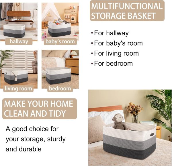 OIAHOMY Large Blanket Basket, 22”x17”x12” Rectangle Woven Baskets, Nursery Blanket Storage Living Room, Toy Storage With Handle, Large Baskets for Organizing-Gradient Grey - Image 68