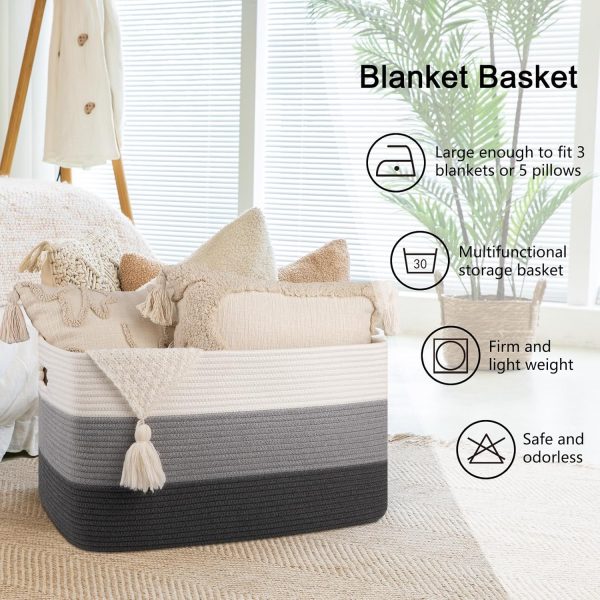 OIAHOMY Large Blanket Basket, 22”x17”x12” Rectangle Woven Baskets, Nursery Blanket Storage Living Room, Toy Storage With Handle, Large Baskets for Organizing-Gradient Grey - Image 70