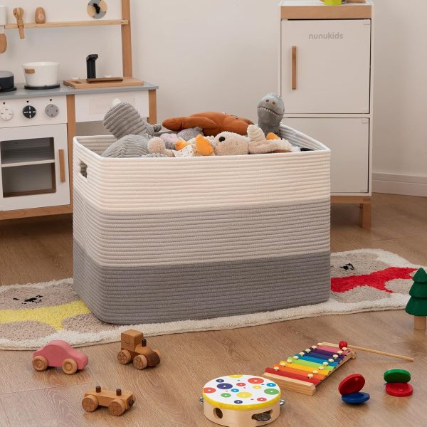 OIAHOMY Large Blanket Basket, 22”x17”x12” Rectangle Woven Baskets, Nursery Blanket Storage Living Room, Toy Storage With Handle, Large Baskets for Organizing-Gradient Grey - Image 84