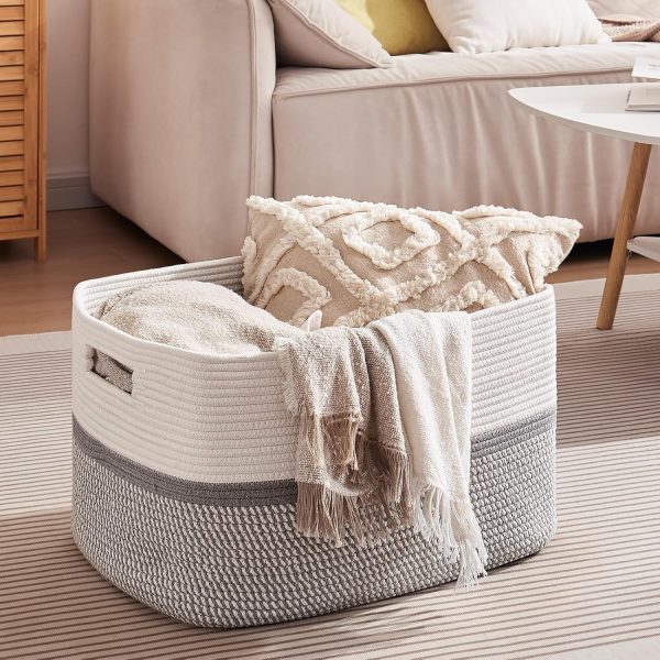 OIAHOMY Large Blanket Basket, 22”x17”x12” Rectangle Woven Baskets, Nursery Blanket Storage Living Room, Toy Storage With Handle, Large Baskets for Organizing-Gradient Grey - Image 114