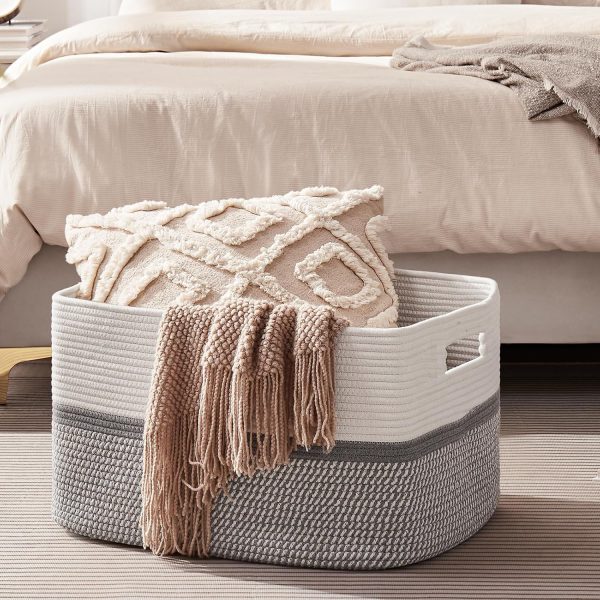 OIAHOMY Large Blanket Basket, 22”x17”x12” Rectangle Woven Baskets, Nursery Blanket Storage Living Room, Toy Storage With Handle, Large Baskets for Organizing-Gradient Grey - Image 116