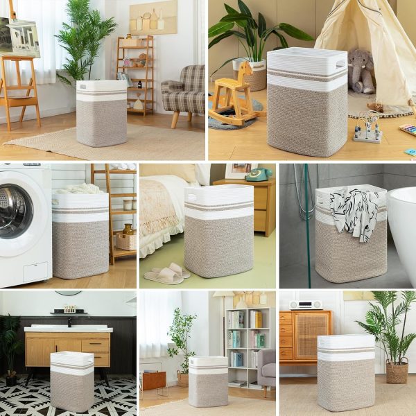 OIAHOMY Laundry Hamper-Laundry Basket,Tall Cotton Storage Basket with Handles,Decorative Blanket Basket for Living room,Collapsible Large Basket for Toys,Pillows,Clothes-16x13x22in-Yellow variegated - Image 29